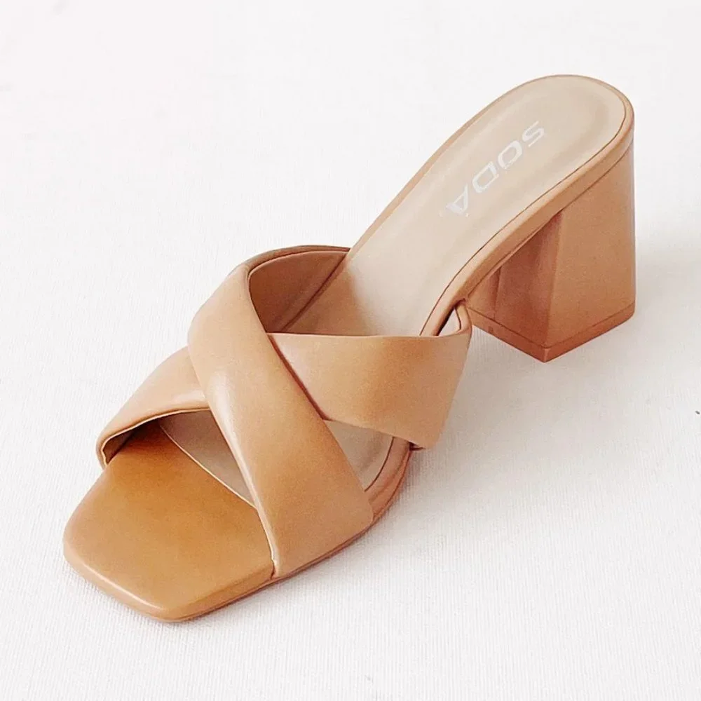 NEW Natural Tan Nude Twist Block Heel Slip Slide On Comfy Mule Sandal Shoes - Picture 9 of 12